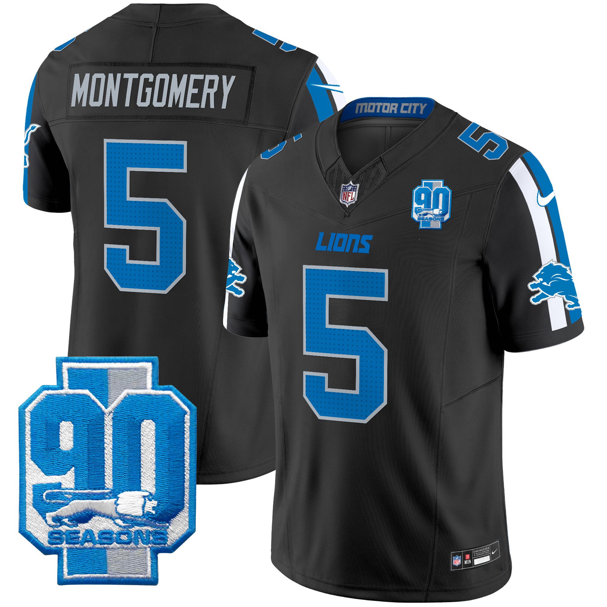 Men Detroit Lions #5 Montgomery Black 2024 Nike 90th Year Patch Vapor Limited NFL Jersey->indianapolis colts->NFL Jersey